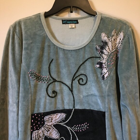 Sage Leopards & Roses Soft Terry Flower Embroidered Velour Sweater - Picture 5 of 15